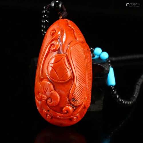 Natural Nanhong Agate Palm-leaf Fan & Ruyi Pendant