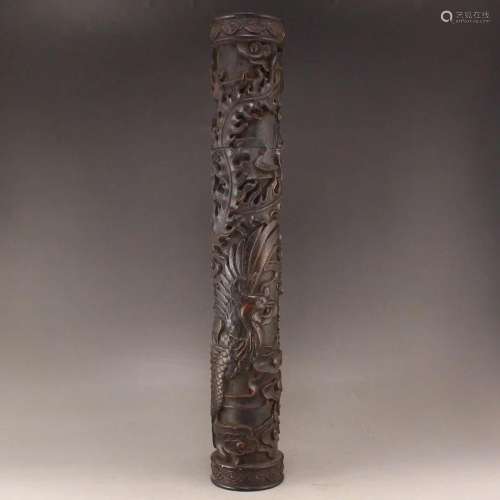 Chinese Zitan Wood Lucky Phoenix Design Painting Tube