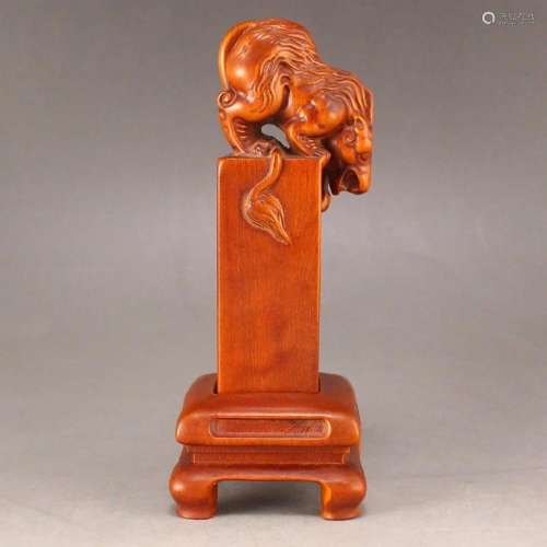 Chinese Boxwood Wood Carved Divine Beast Seal W Base