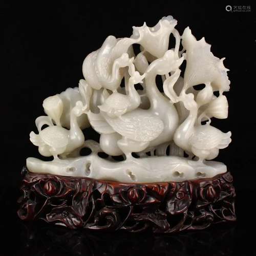 Qing Dy Hetian Jade Lotus Flower & Goose Statue