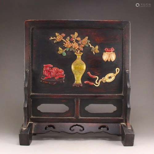 Qing Dynasty Zitan Wood Inlay Shell & Gem Desk Screen