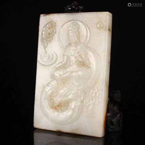 Hand Carved Chinese Hetian Jade Kwan-yin Pendant