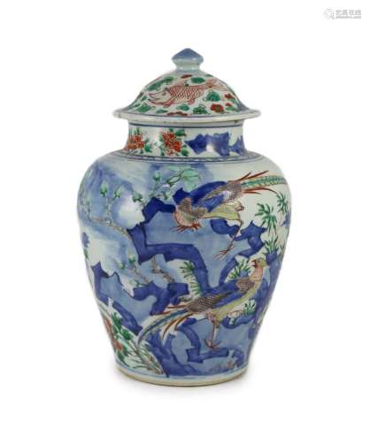 A Chinese transitional wucai jar and cover, c.1650, 36cm hig...