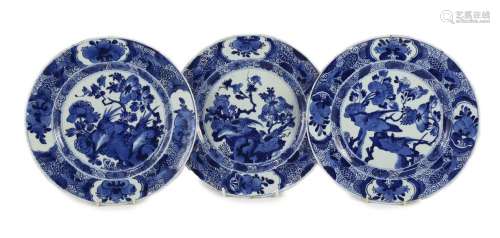 A set of three Chinese blue and white ‘pheasant’ large plate...