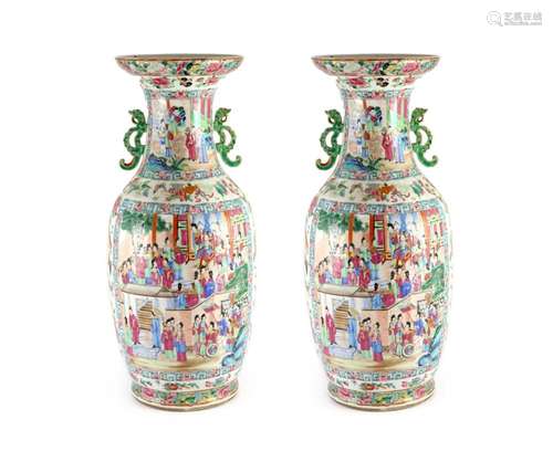 A pair of large Chinese famille rose twin handled vases, mid...