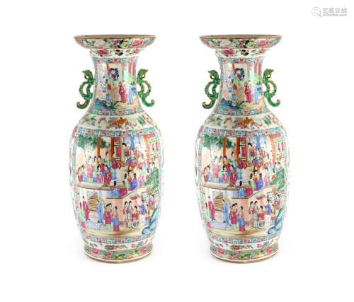 A pair of large Chinese famille rose twin handled vases, mid...