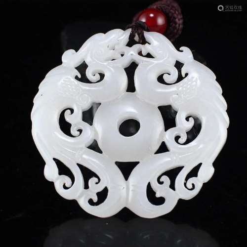 Chinese White Hetian Jade Double Phoenix Pendant