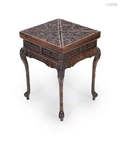 A Chinese hongmu ‘dragon’ envelope card table, c.1910, 55 cm...