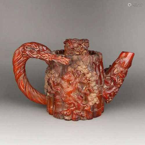 Superb Chinese Qing Dy Ox Horn Pine Tree Teapot