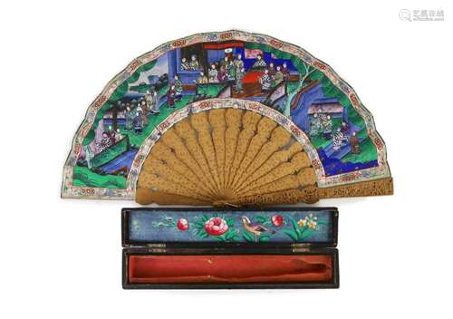 A Chinese lacquer cased sandalwood and lacquer fan, 19th cen...