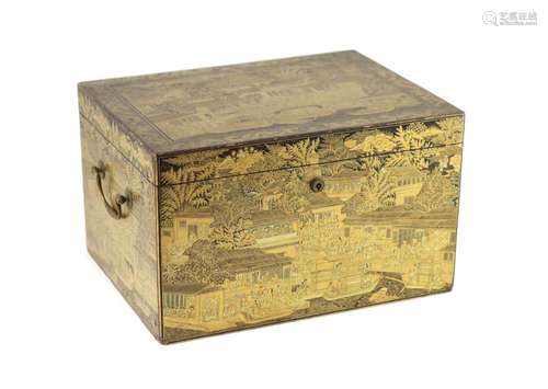 A Chinese export gilt decorated black lacquer tea chest, ear...