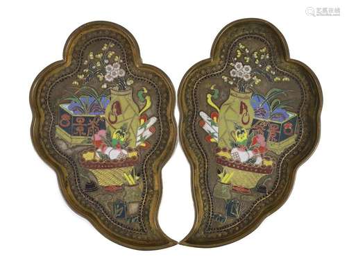 A pair of Chinese cloisonné enamel artemisia leaf shaped bro...