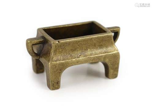 A Chinese miniature bronze censer, fangding, 18th/19th centu...