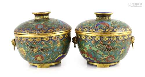 A pair of Chinese cloisonné enamel jars and covers, 18th/19t...