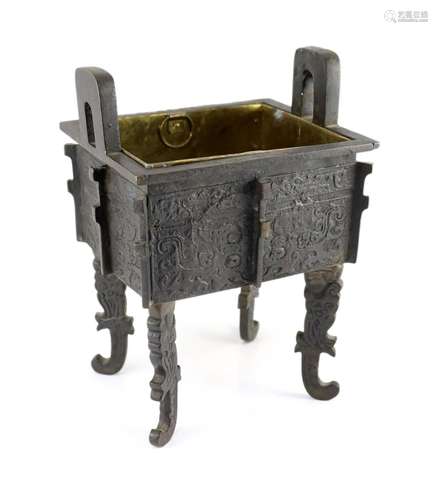 A Chinese archaistic bronze rectangular censer, fangding, 17...