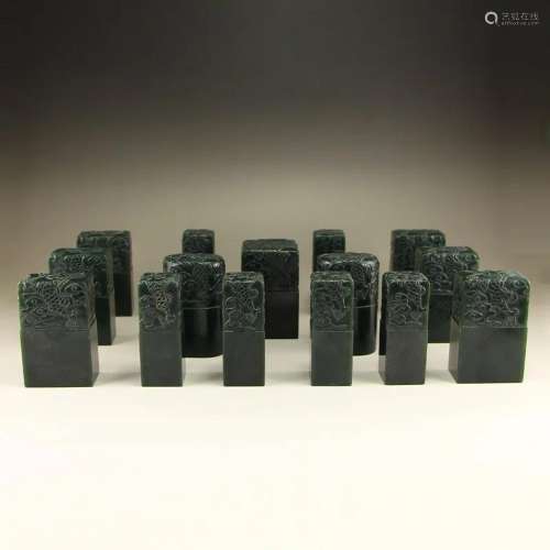 Set Chinese Qing Dynasty Deep Green Hetian Jade Seals