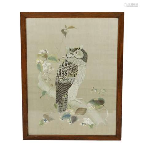 An unusual Chinese embroidered silk panel of an owl, late 19...