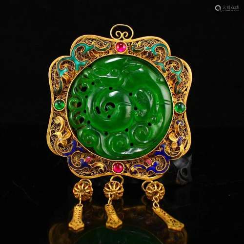 Chinese Gold Wire Enamel Inlay Green Jade Pendant