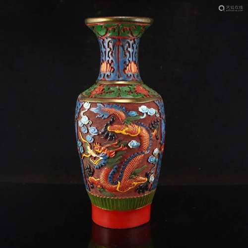 Vintage Lacquerware Low Relief Lucky Dragon Design Vase