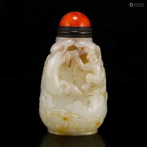 Qing Dynasty Hetian Jade Low Relief Monkey Snuff Bottle