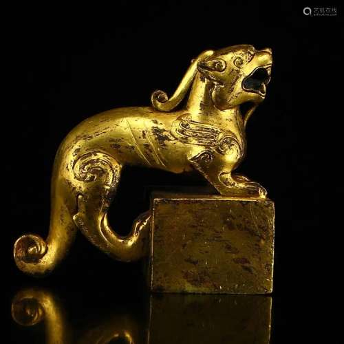 Vintage Chinese Gilt Gold Red Copper Unicorn Seal