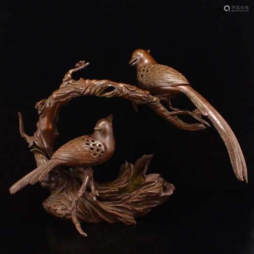 Superb Chinese Red Copper Magpies Incense Burner