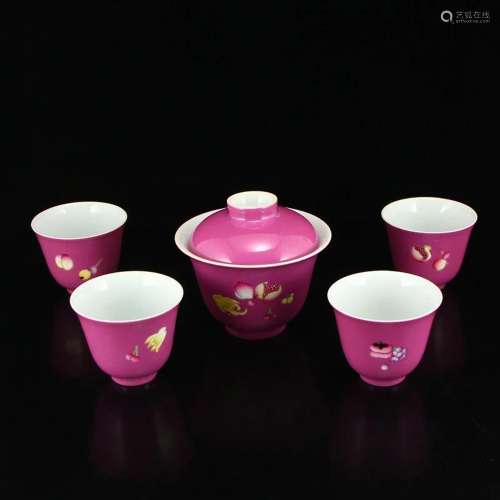 A Set Rouge Red Glaze Porcelain Bowl & Cups