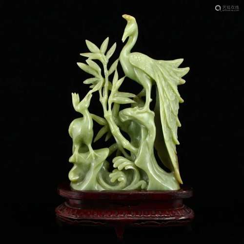 Superb Chinese Hetian Jade Statue - Peacocks & Bamboo