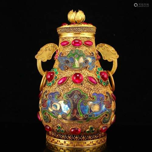 Chinese Gold Wire Enamel Inlay Gem Double Rings Pot