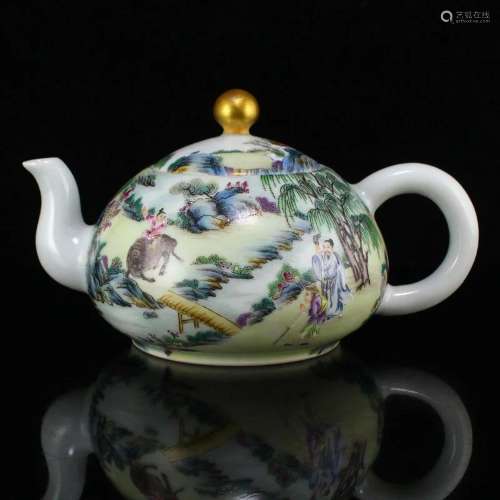 Gilt Gold Famille Rose Figure Porcelain Teapot