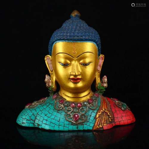 Red Copper Inlay Turquoise & Gem Buddha Head Statue