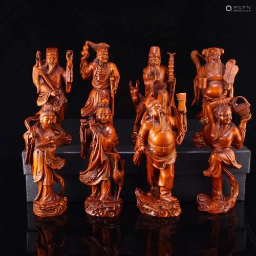 Vintage Chinese Boxwood Wood Eight Taoism Deity Statues