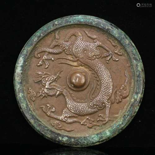 Chinese Bronze Plated Silver Lucky Dragon Mirror