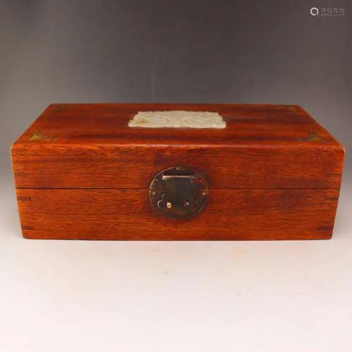 Vintage Chinese Zitan Wood Inlay Jade Chi Dragon Box