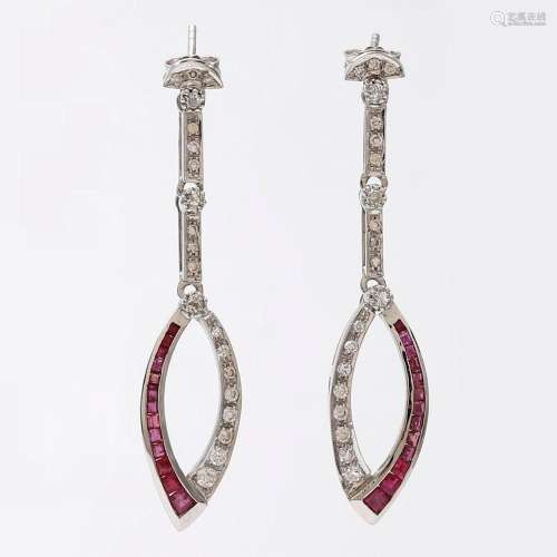 Art Deco rubies and diamonds long earrings.