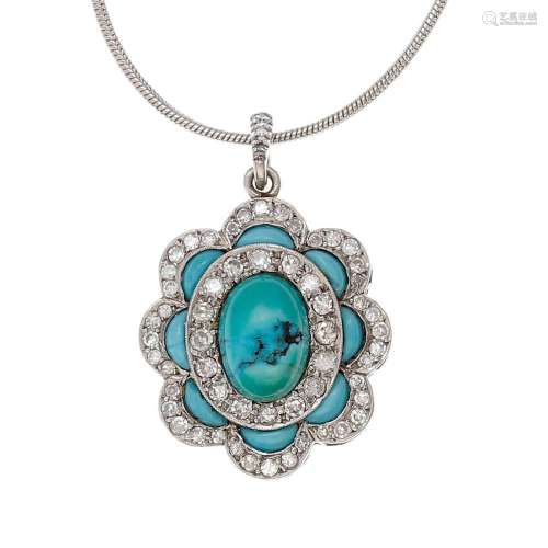 Double-sided turquoises and diamonds pendant, mid 20th Centu...