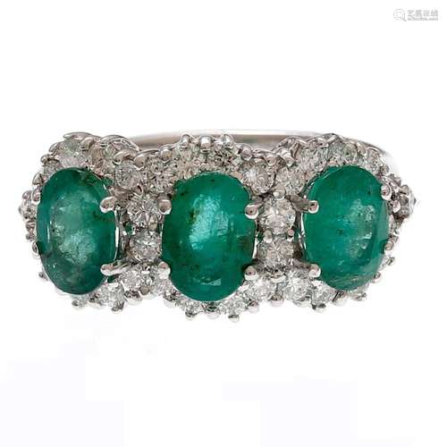 Emeralds and diamonds triplet ring.