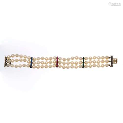 JOYERÍA ROCA. Three-row pearls and gemstones bracelet.