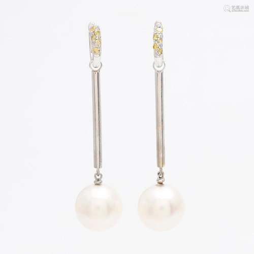 Fancy Yellow diamonds and Australian pearls detachable earri...