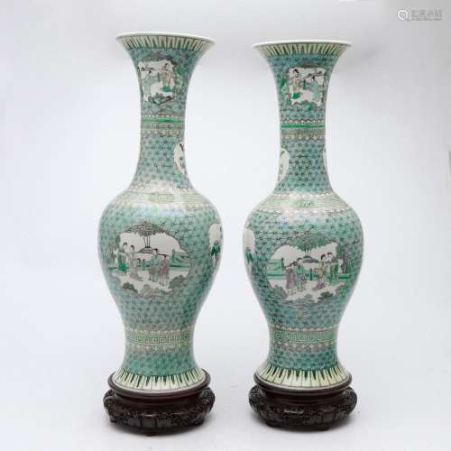 Pair of Chinese Qing-style vases in green family porcelain, ...