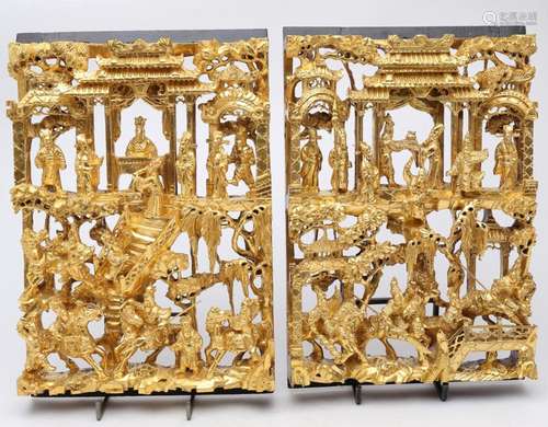 "Court scenes", pair of Chinese panels in carved, ...