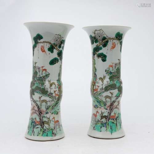 Pair of Chinese "cornet" vases in green family por...