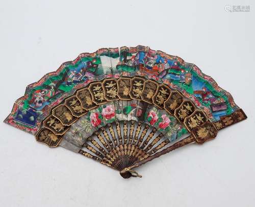 Chinese thousand faces fan with sticks in lacquered and gilt...