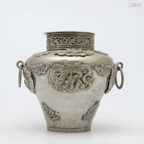 Chinese vase in silvery metal with applied decoration, 20th ...