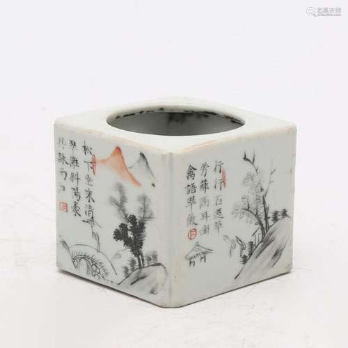 Chinese porcelain inkwell with grisaille decoration, 20th Ce...