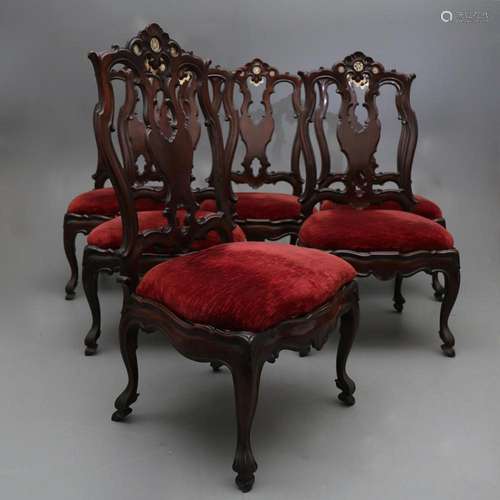 Set of six Portuguese carved mahogany chairs, 18th Century.