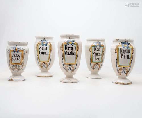 Set of five Catalan pharmacy jars in "Banyoles" ea...