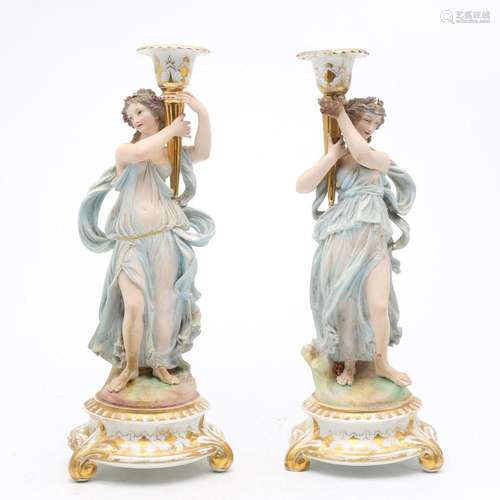 Pair of German candlesticks with classical girls in porcelai...