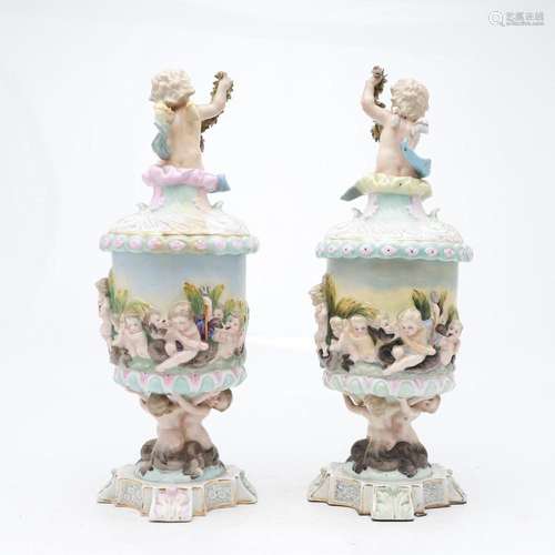 Pair of Capodimonte porcelain ornamental jars with lid, firs...