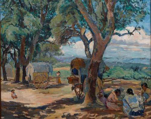 OLEGUER JUNYENT. Landscape with wagons. (d)